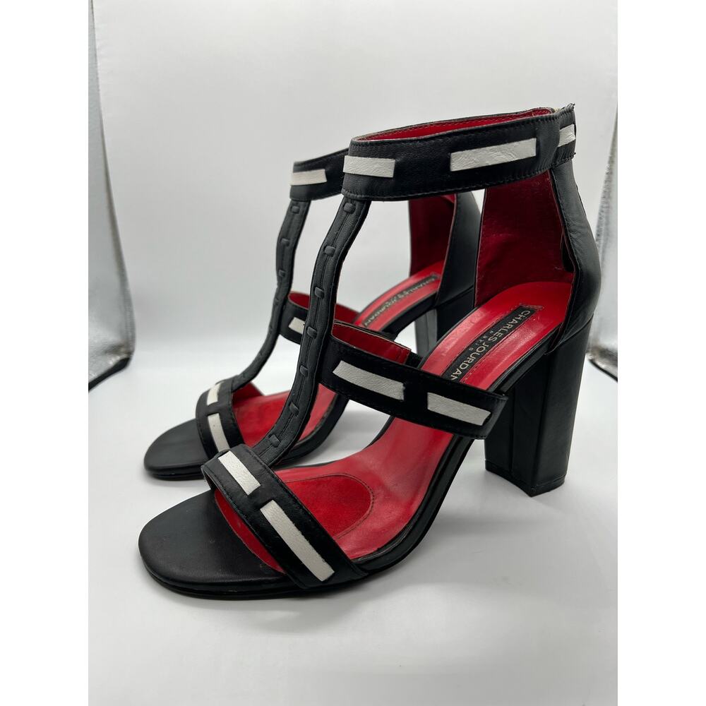 Charles Jourdan Paris Black White & Red Leather Strappy Sandal Heels Women's 7 - Picture 3 of 14